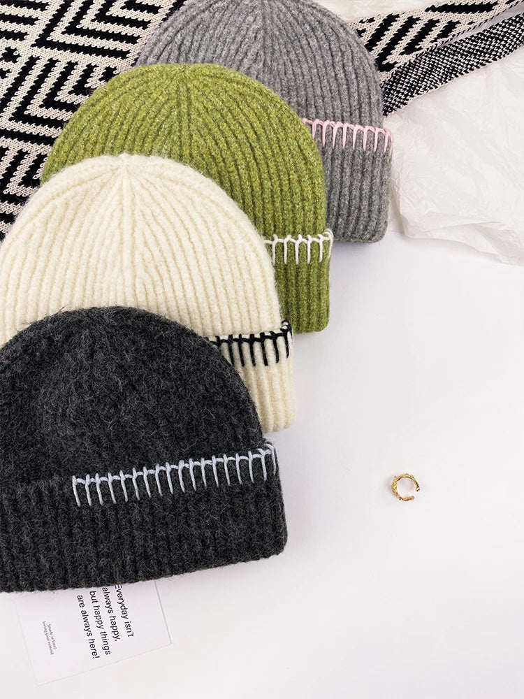 Contrast Border Ribbed Knit Beanie Hat