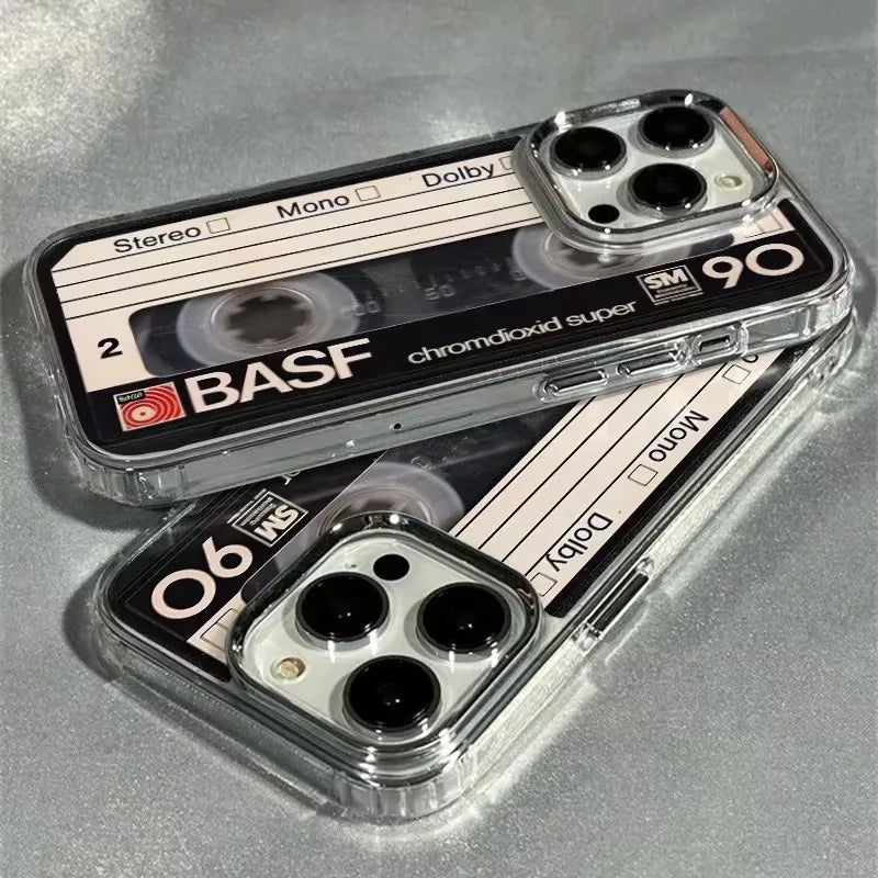 Phone case designed like a cassette tape with BASF branding on a gray background