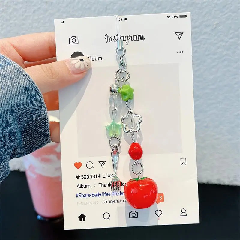 Korean Cute Shopping Bag Phone Case For iPhone 17 16 15 14 13 12 11 Pro Max 16E 17Air 7 8 Plus With Red Tomato Pendants Cover - Ice Cream Cake