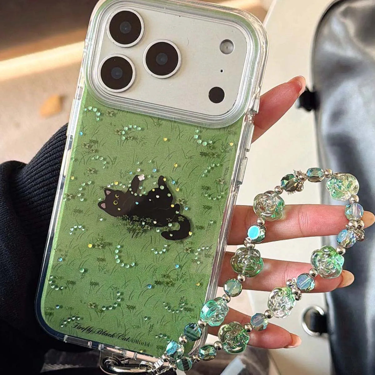 Grassy Glitter Black Cat iPhone Case