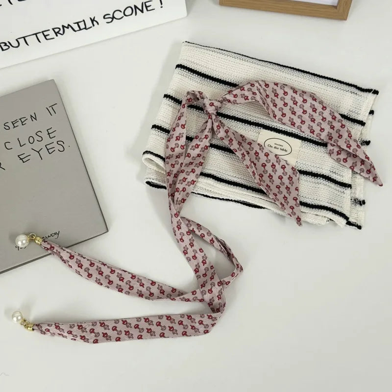 Faux Pearl Detail Skinny Scarf