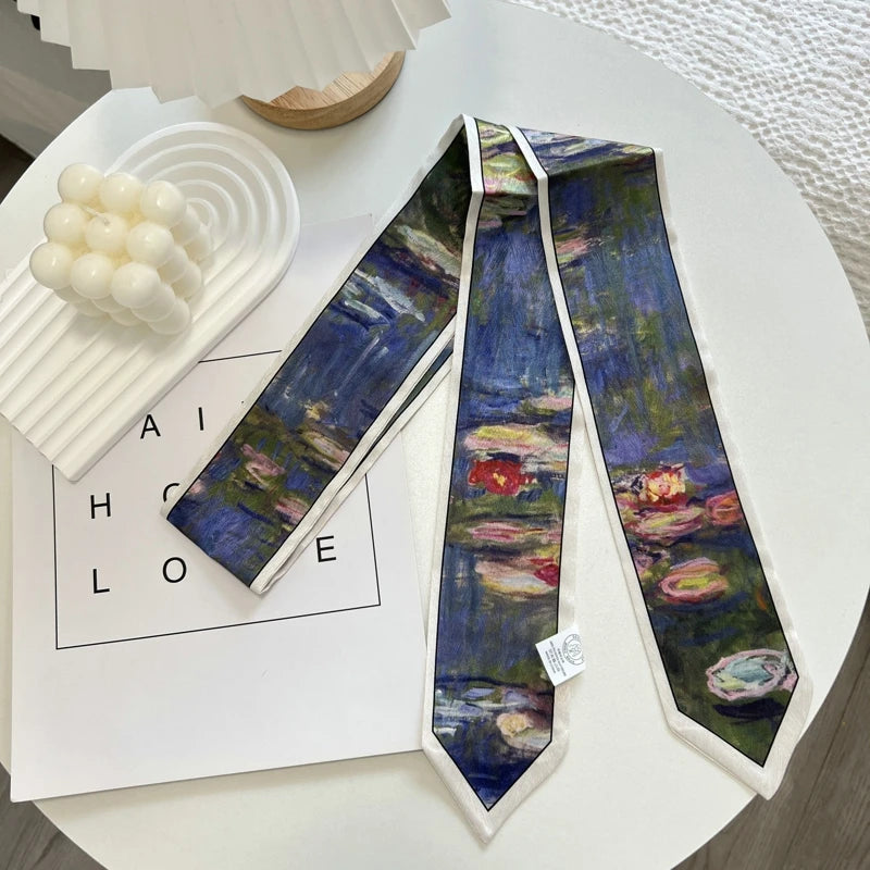 High-Grade Flower Print Long Silk Scarf Hair Band Ribbon Tied-up Hair Long Bow Vintage Satin Ribbon Hair Accessories For Women - Ice Cream Cake