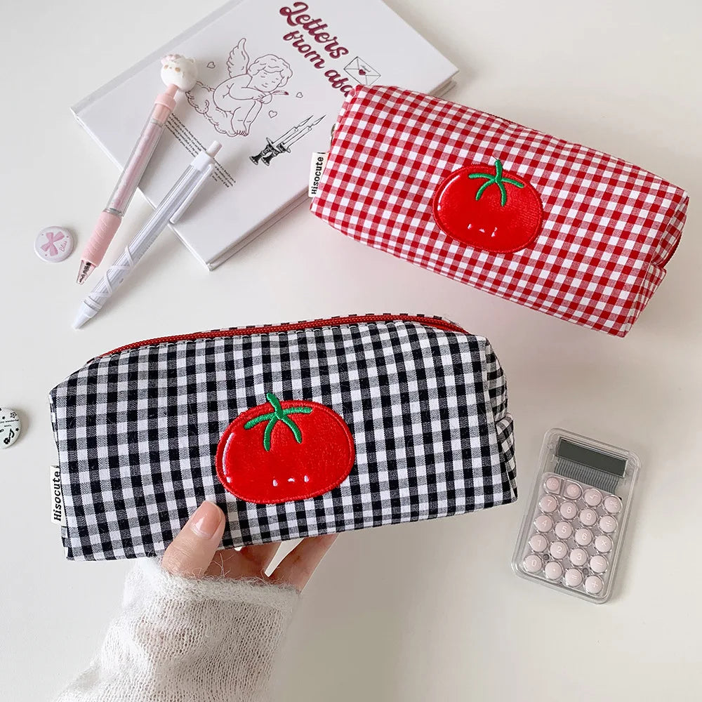 1pc Fashion Cartoon Tomato Plaid Pencil Case Student Stationery Large Capacity Desktop Storage Pen Bag Kids School Supplies - Ice Cream Cake