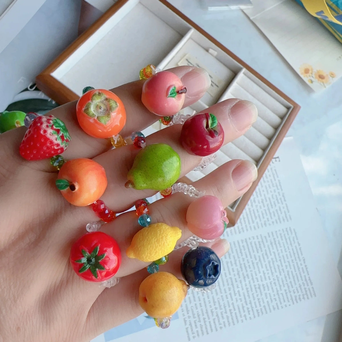 Beaded Fruit Charm Rings