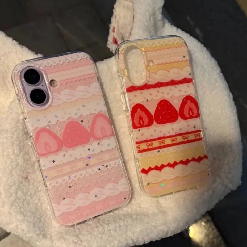 Cream Strawberry Cake Lace Bowknot Phone Case For iPhone 17 16 15 14 13 12 11 Pro Max 16e 17 Air X XR XS Max 7 8 Plus Soft Cover - Ice Cream Cake