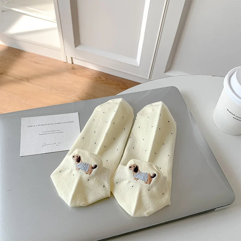 Spring Summer Thin Women Short Socks Polka Dots Cute Cartoon Sausage Dog Embroidery Boat Socks Pure Cotton Short Trendy Socks - Ice Cream Cake