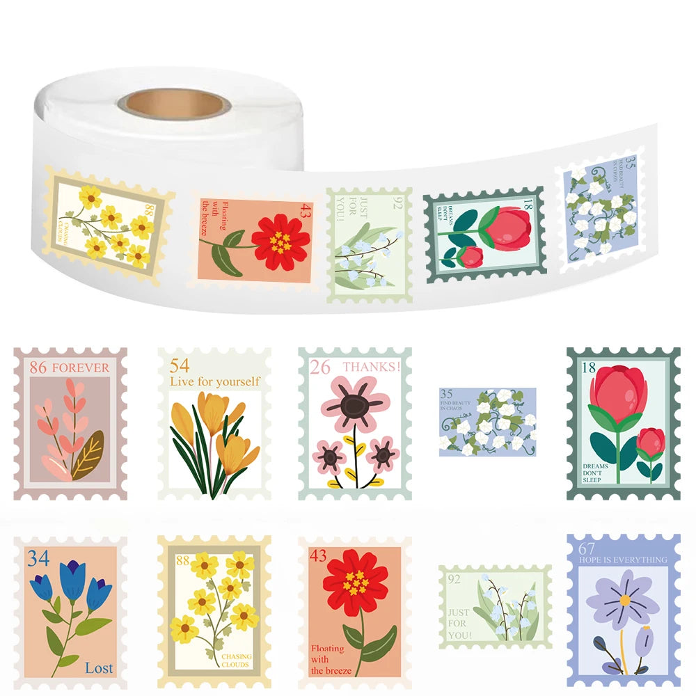 Roll of decorative stamps with floral designs on a white background