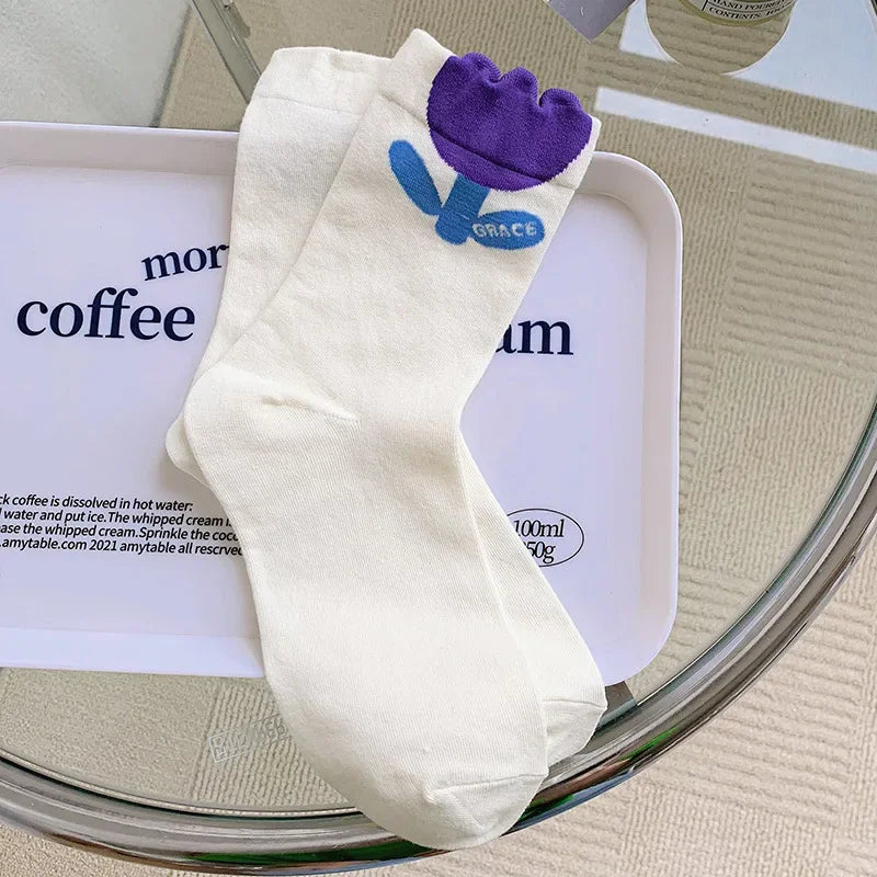 Women Socks Japanese Korean Style Cartoon Flower Rabbit Harajuku Cute Kawaii Mid Tube Breathable Casual Short Cotton Socks - Ice Cream Cake
