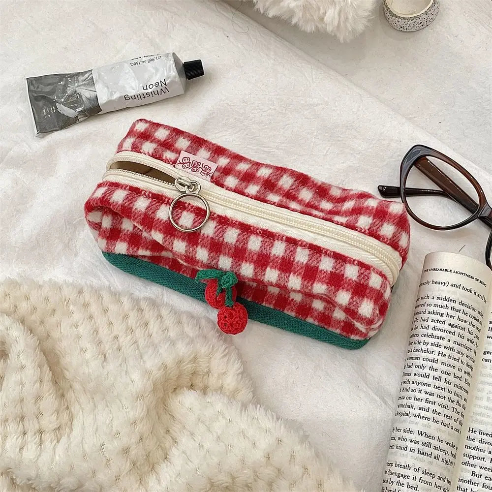 Winter Cat Gingham Zipper Pouch - Ice Cream Cake