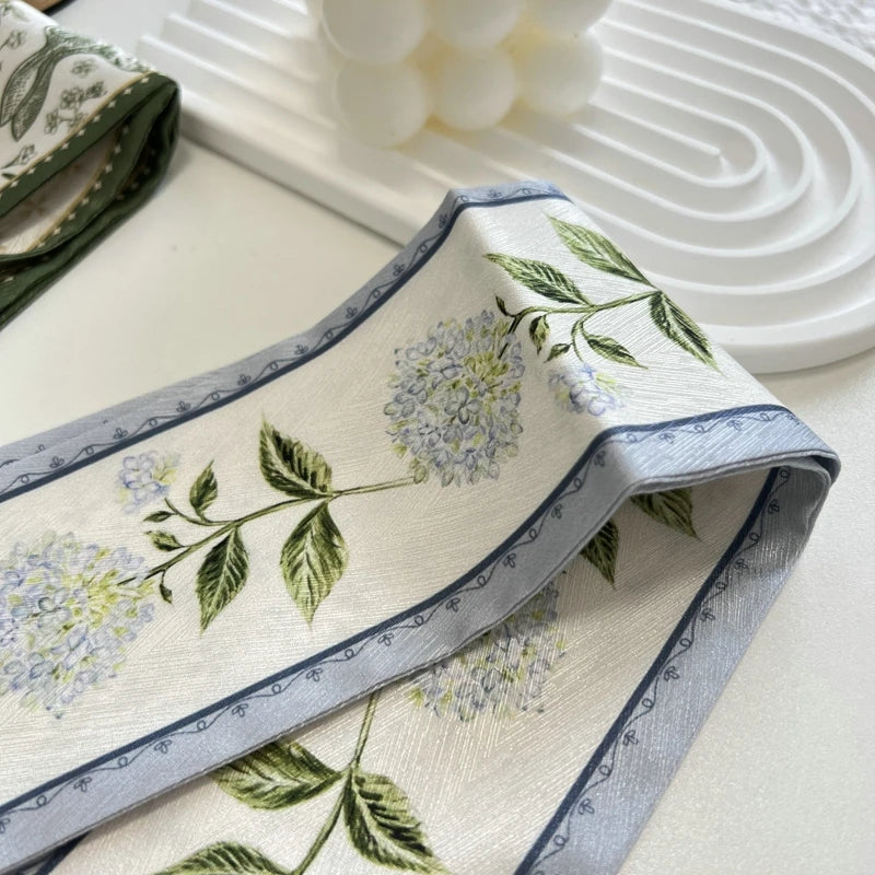 High-Grade Flower Print Long Silk Scarf Hair Band Ribbon Tied-up Hair Long Bow Vintage Satin Ribbon Hair Accessories For Women - Ice Cream Cake