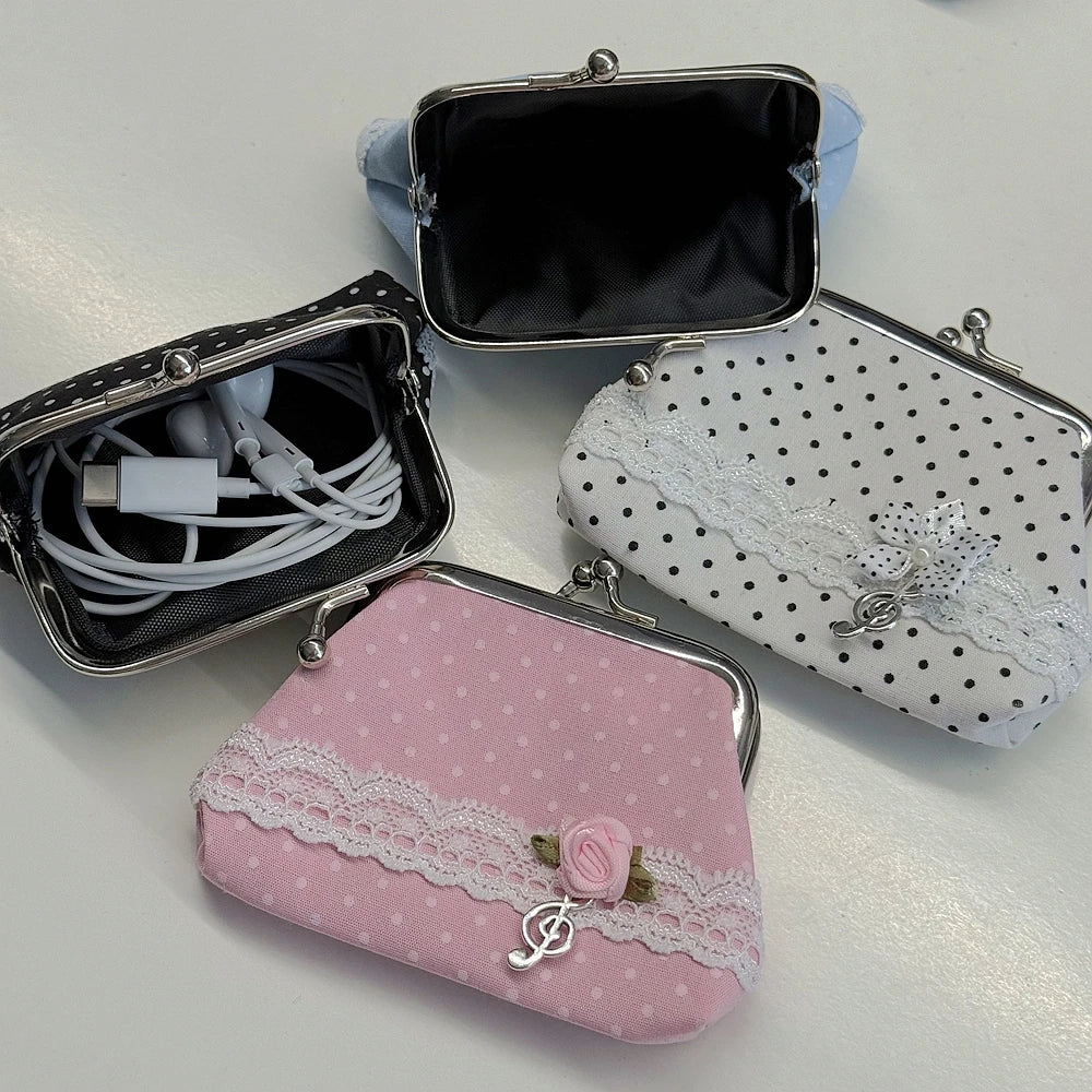 Cute Y2k Coin Purses Lady Small Wallet Wave Dot Handmade Lace Showa Rose Vintage Bag Hanging Pendant Earphone Bag Wallet - Ice Cream Cake