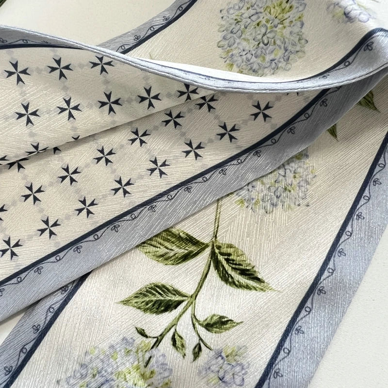 High-Grade Flower Print Long Silk Scarf Hair Band Ribbon Tied-up Hair Long Bow Vintage Satin Ribbon Hair Accessories For Women - Ice Cream Cake