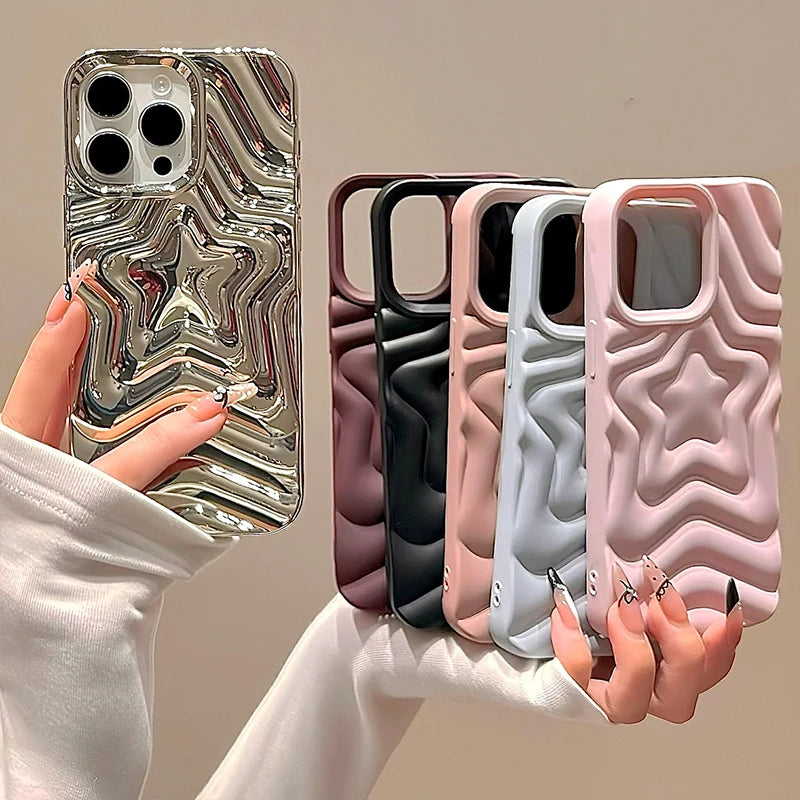 Bling Chromed Silver Gradient Five-pointed Star TPU Phone Case For iPhone 16 Pro Max 17 15 13 14 Plating Silicone Back Cover - Ice Cream Cake