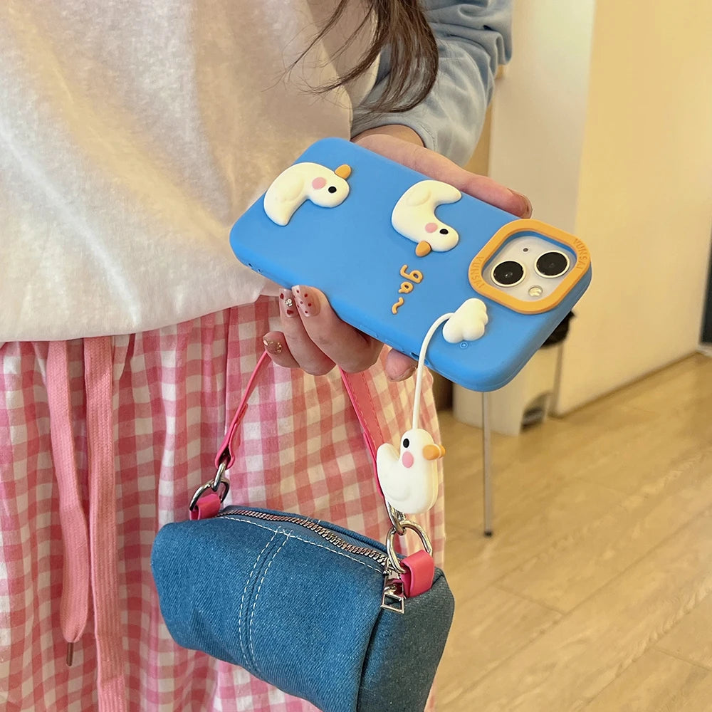 Cute 3D Duck Pendant Shockproof Cover Cartoon Shatter Silicone Soft Phone Case For iPhone 17 16 15 14 13 12 Pro Max - Ice Cream Cake
