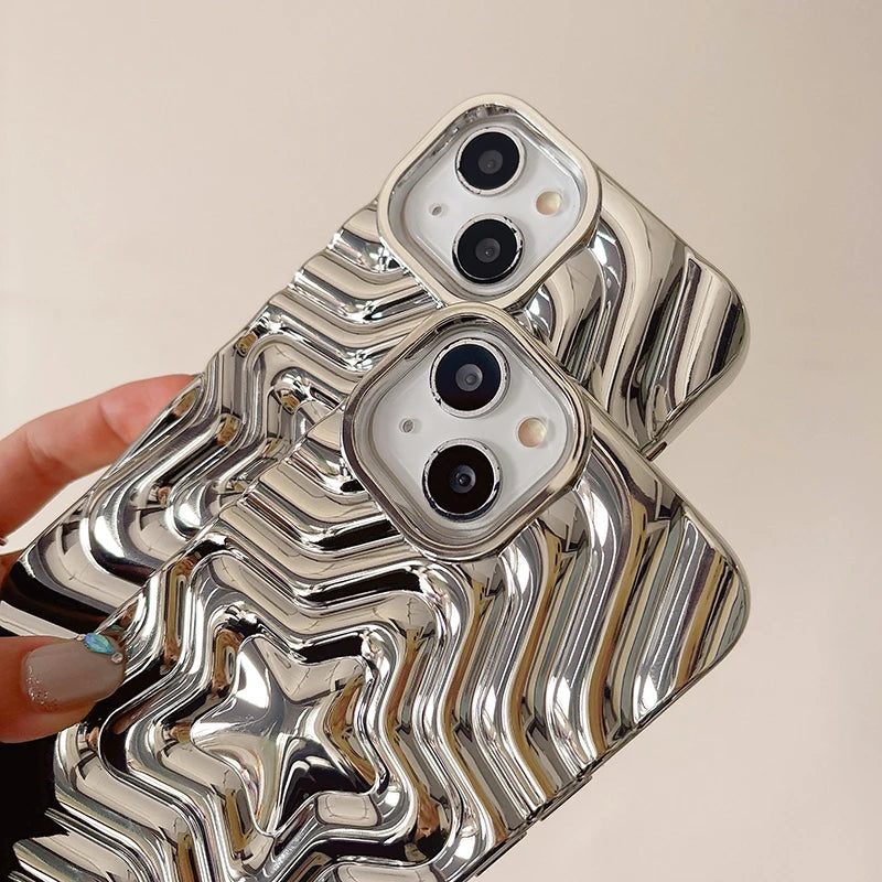 Bling Chromed Silver Gradient Five-pointed Star TPU Phone Case For iPhone 16 Pro Max 17 15 13 14 Plating Silicone Back Cover - Ice Cream Cake