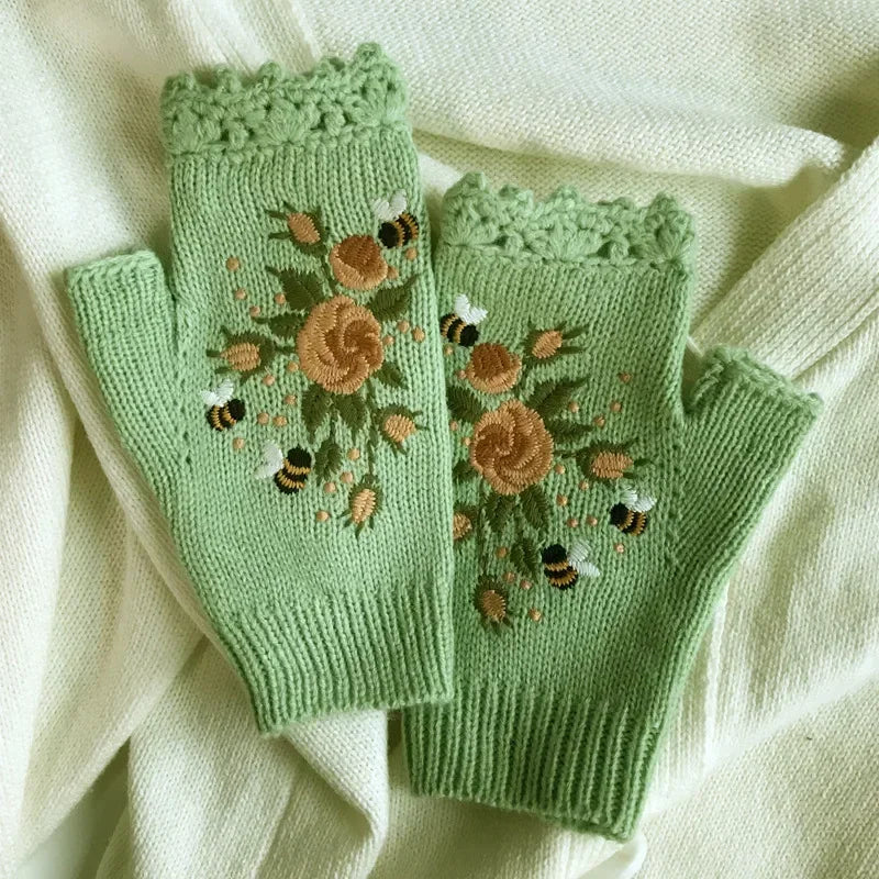 Half Finger Gloves Women Knitted Fingerless Winter Gloves Soft Crochet Bee Knitting Faux Wool Fingerless Gloves Wrist Warmer - Ice Cream Cake