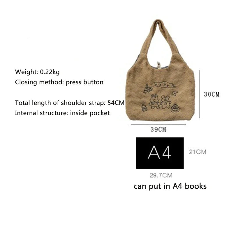 A tan canvas tote bag with embroidered cartoon bears and a drawstring detail, shown with printed dimensions and product specifications on a white background.