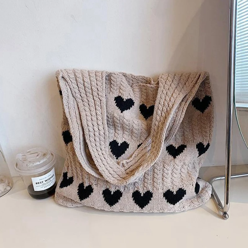 Retro Knitted Heart Tote Bag (4 Colours)