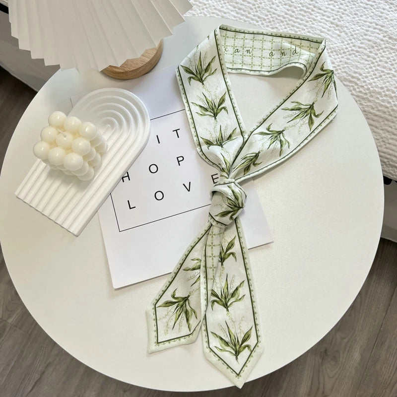 High-Grade Flower Print Long Silk Scarf Hair Band Ribbon Tied-up Hair Long Bow Vintage Satin Ribbon Hair Accessories For Women - Ice Cream Cake