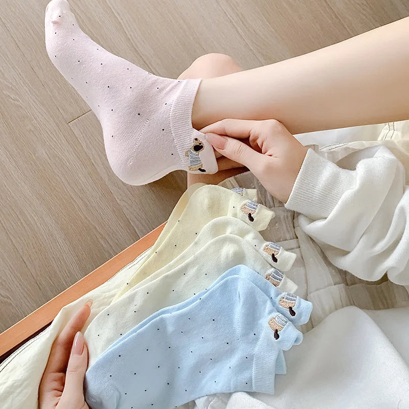 Spring Summer Thin Women Short Socks Polka Dots Cute Cartoon Sausage Dog Embroidery Boat Socks Pure Cotton Short Trendy Socks - Ice Cream Cake