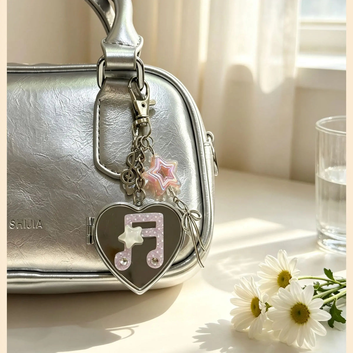 Korean-inspired Love Note Mirror Bag Accessories Fashion Star Keychain Double-sided Makeup Mirror Keychain Bag Hanging Decor - Ice Cream Cake