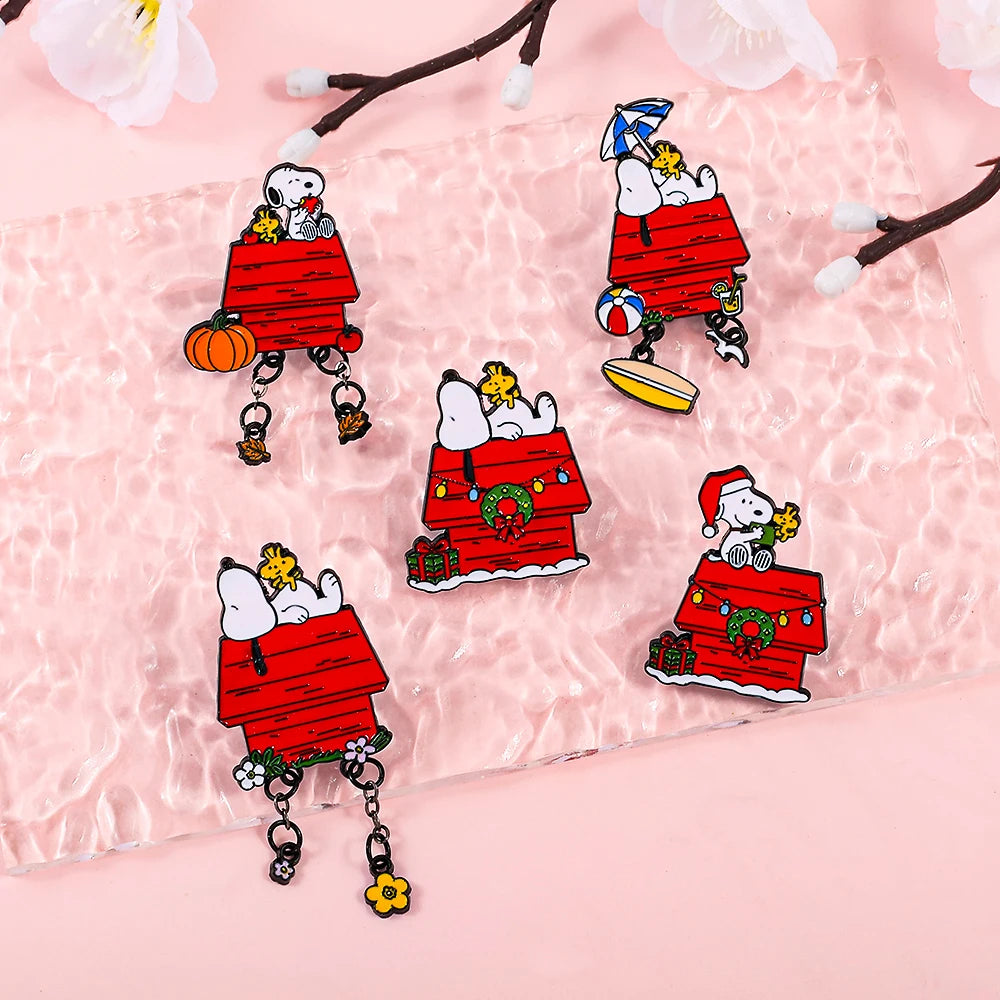 Seasonal Snoopy Dog House Enamel Pin with Dangly Charms