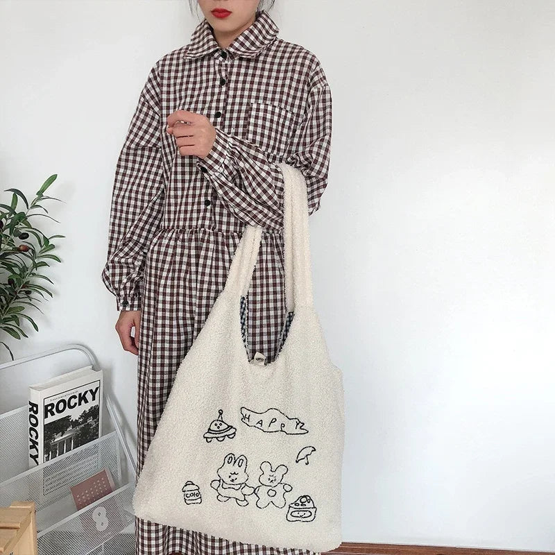 Teddy Fur Tote with Bunny Friends Embroidery