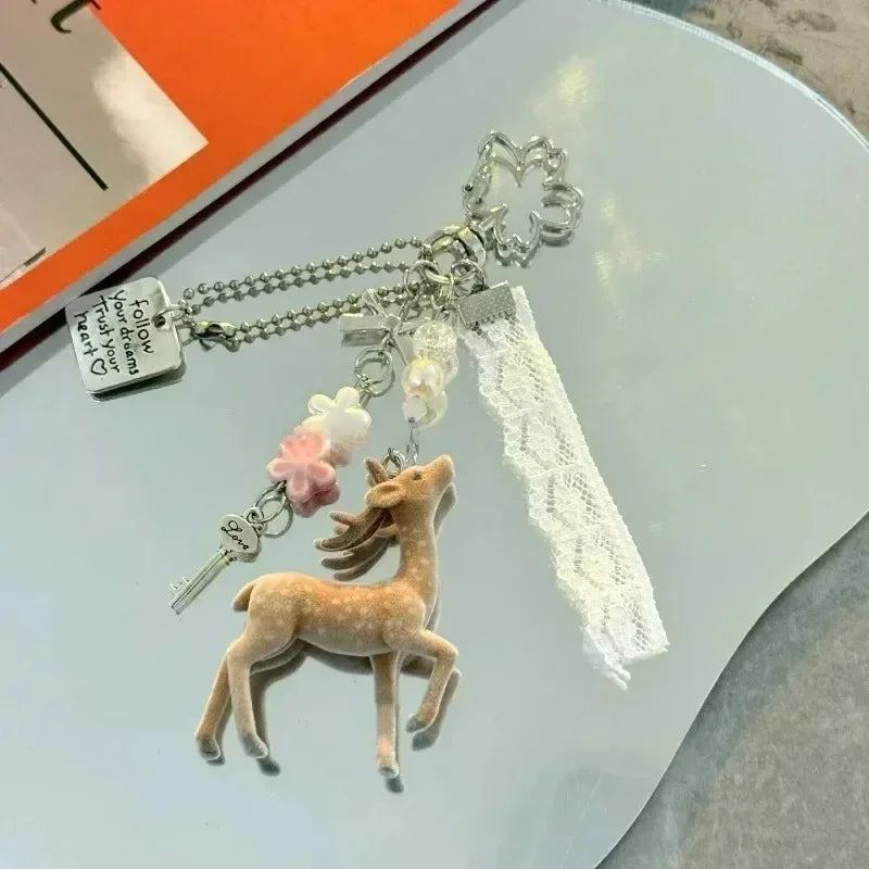Flocked Deer Coquette Clip-On Charm Keychain