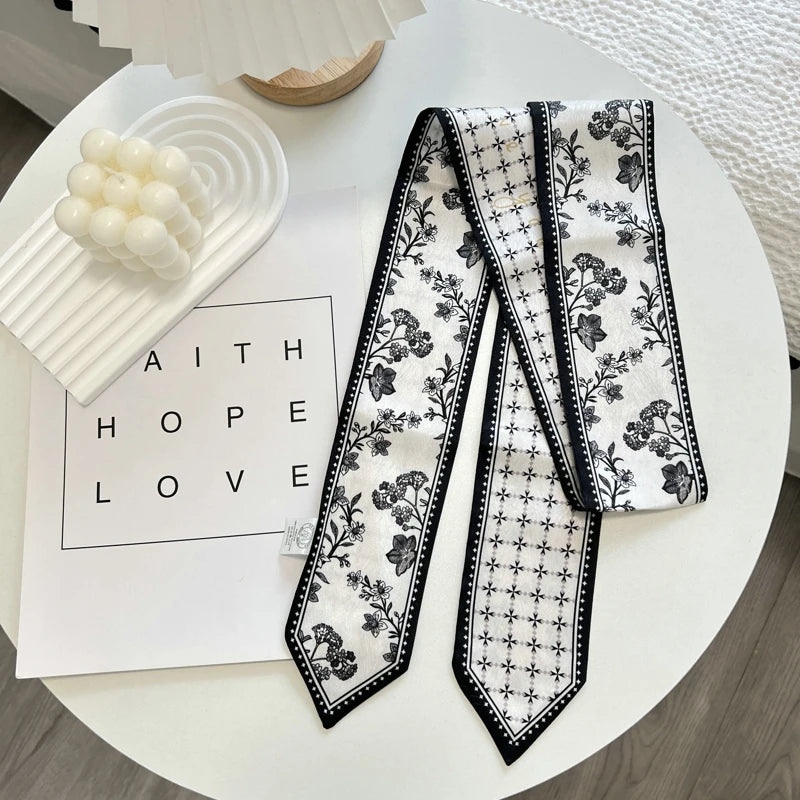 High-Grade Flower Print Long Silk Scarf Hair Band Ribbon Tied-up Hair Long Bow Vintage Satin Ribbon Hair Accessories For Women - Ice Cream Cake
