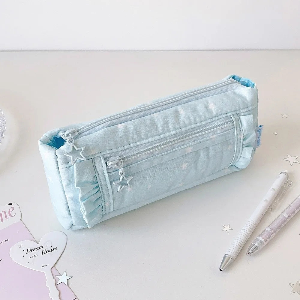 Pastel Puffy Ruffle Star Pattern Pencil Case
