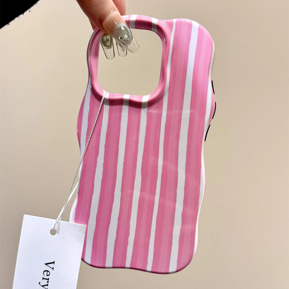 Luxury 2 in 1 Glossy Double Color Wave Stripes Case for IPhone 13 14 15 16 17 Pro Max 17Air Hit Color Collision Shockproof Cover - Ice Cream Cake