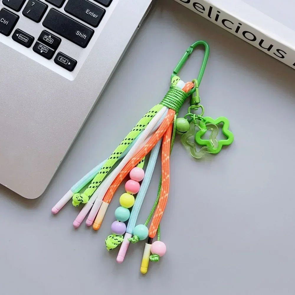 Y2K Braided Rope Keychain Handmade Creative Acrylic Striped Webbing Keychain Colorful Long Tassel Bag Charms Bag Accessories - Ice Cream Cake