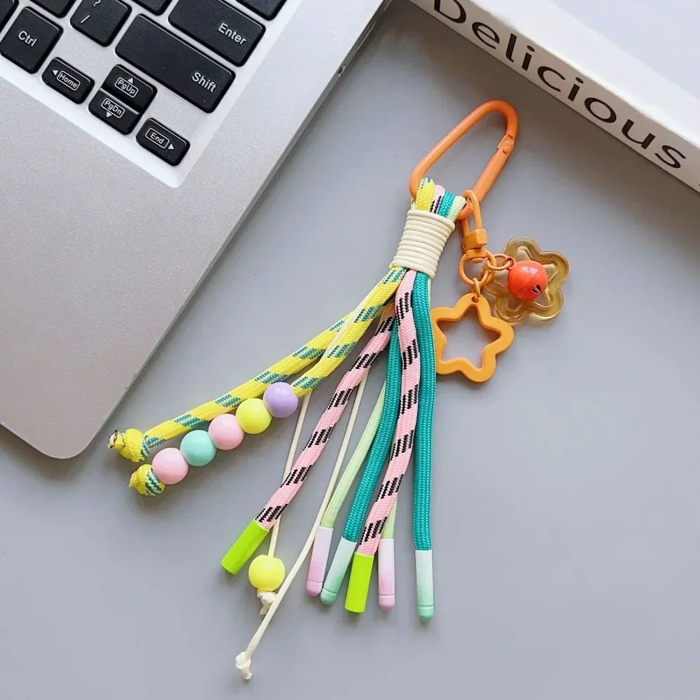 Y2K Braided Rope Keychain Handmade Creative Acrylic Striped Webbing Keychain Colorful Long Tassel Bag Charms Bag Accessories - Ice Cream Cake