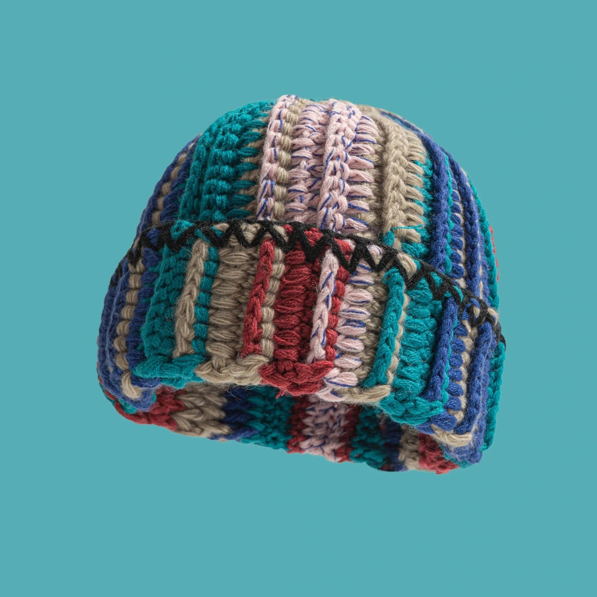 Handmade Mixed Yarn Ribbed Beanie Hat - Ice Cream Cake