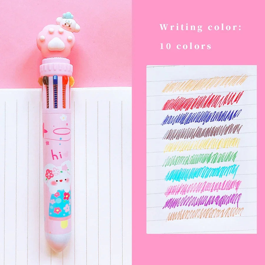 Colorful pen with cartoon character on a pink background, next to a sheet of paper with colored lines.