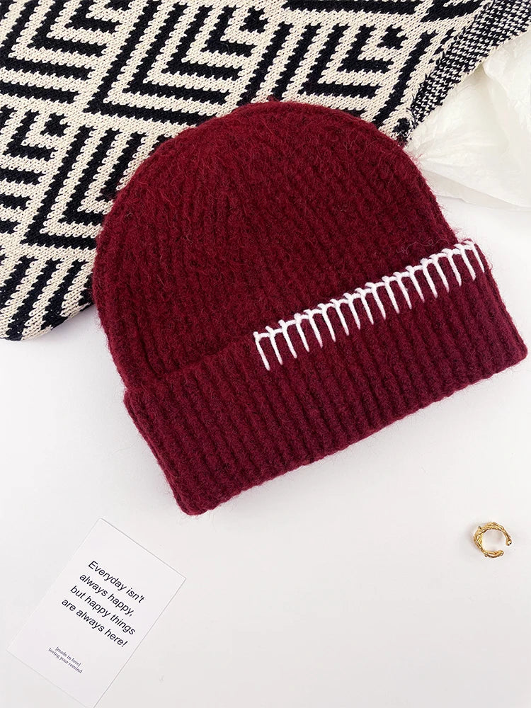 Contrast Border Ribbed Knit Beanie Hat