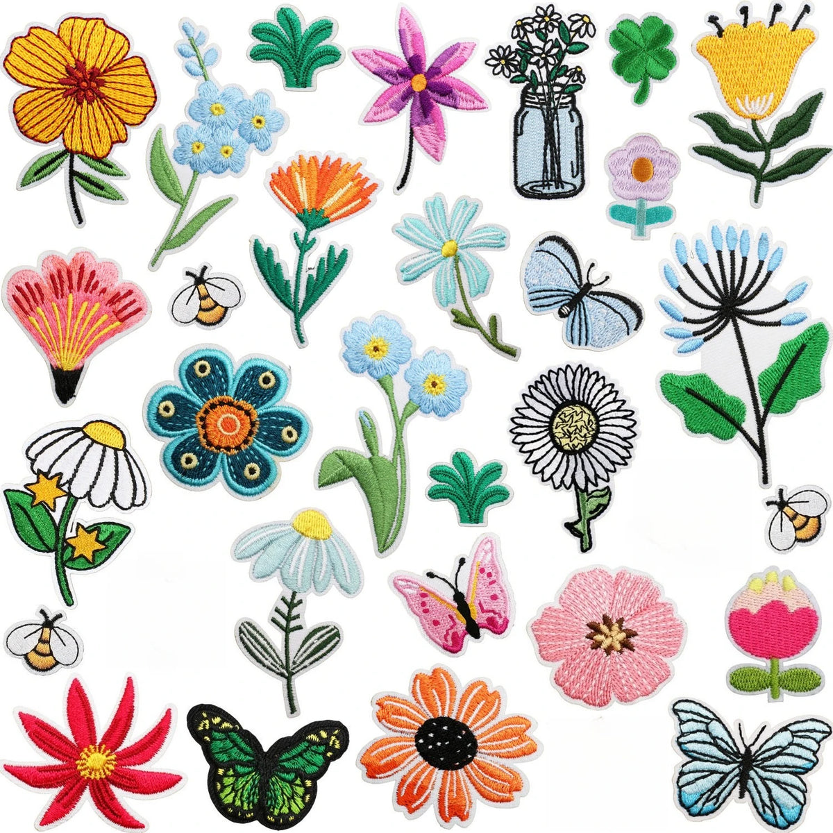 A collection of colorful embroidered floral and insect patches arranged on a plain white background. The designs include flowers in yellow, pink, blue, orange, red, and purple with green leaves, along with butterflies, bees, and small plants.