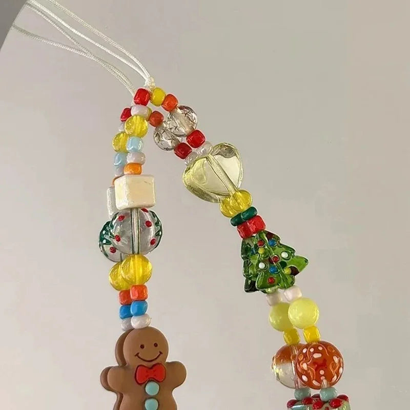 Korean Lovely 3D Christmas Gingerbread Man Beaded Phone Acrylic Pendant Keychain For IPhone Girl Anti-Lost Chain Hanging Jewelry - Ice Cream Cake