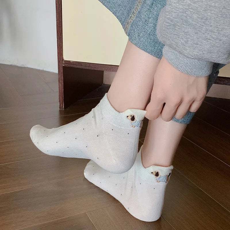 Spring Summer Thin Women Short Socks Polka Dots Cute Cartoon Sausage Dog Embroidery Boat Socks Pure Cotton Short Trendy Socks - Ice Cream Cake