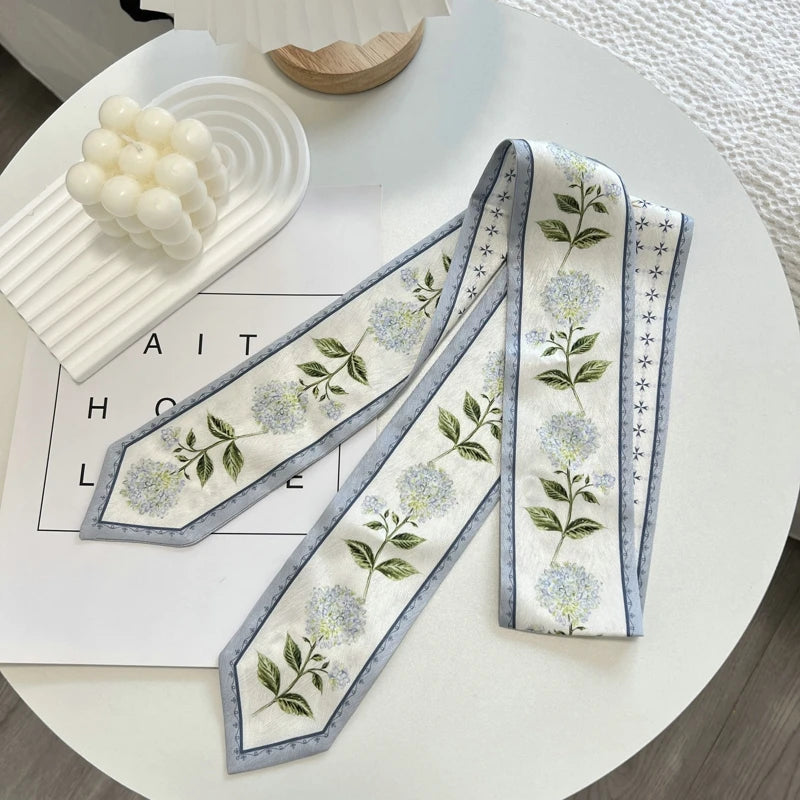 High-Grade Flower Print Long Silk Scarf Hair Band Ribbon Tied-up Hair Long Bow Vintage Satin Ribbon Hair Accessories For Women - Ice Cream Cake