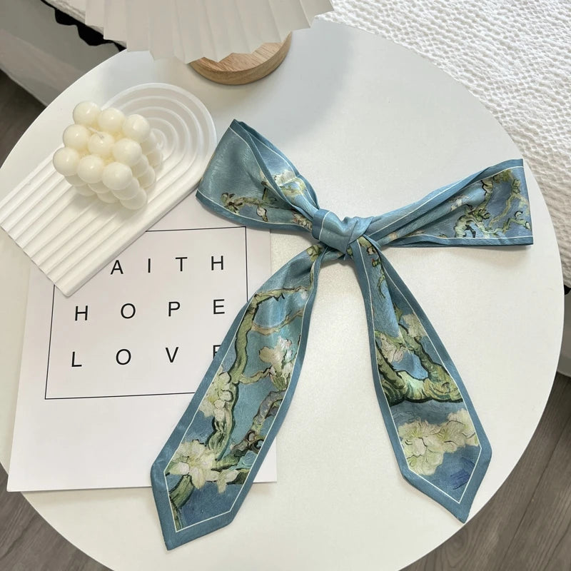 High-Grade Flower Print Long Silk Scarf Hair Band Ribbon Tied-up Hair Long Bow Vintage Satin Ribbon Hair Accessories For Women - Ice Cream Cake