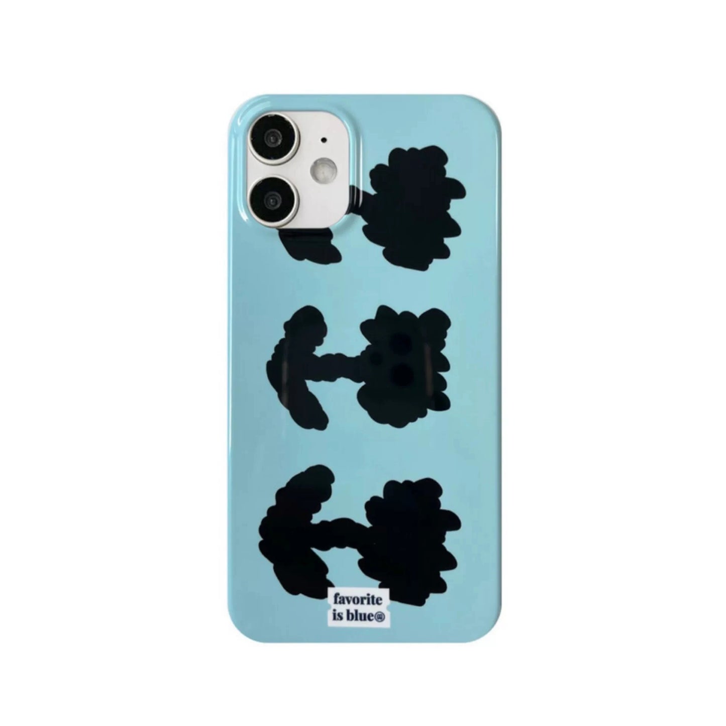 A light blue phone case featuring three black abstract cloud-like shapes stacked vertically, with a small white label at the bottom that reads 'favorite is blue'.