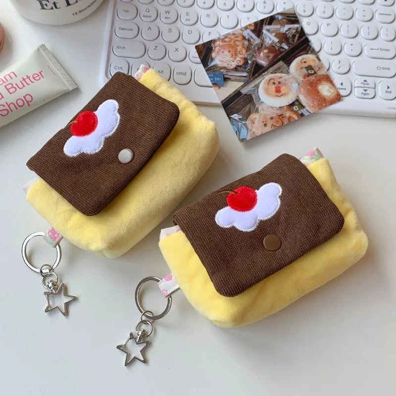 Multifunctional Small Pouch for Girls Cute Cherry Pudding Plush Coin Purse Mini Cartoon Portable Wallet for Cards Earphones Case - Ice Cream Cake