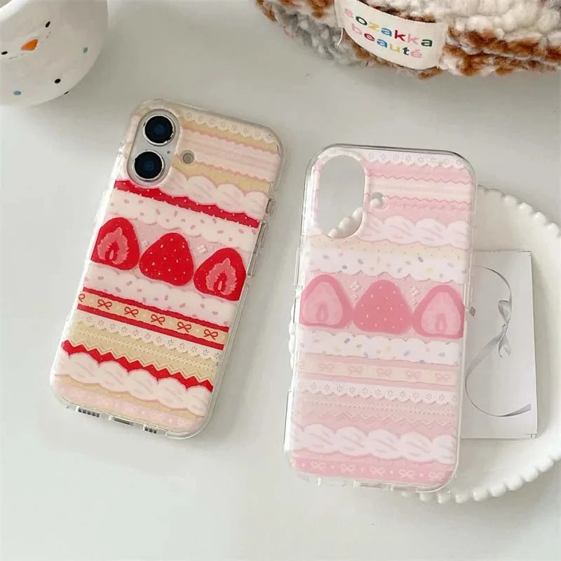 Cream Strawberry Cake Lace Bowknot Phone Case For iPhone 17 16 15 14 13 12 11 Pro Max 16e 17 Air X XR XS Max 7 8 Plus Soft Cover - Ice Cream Cake