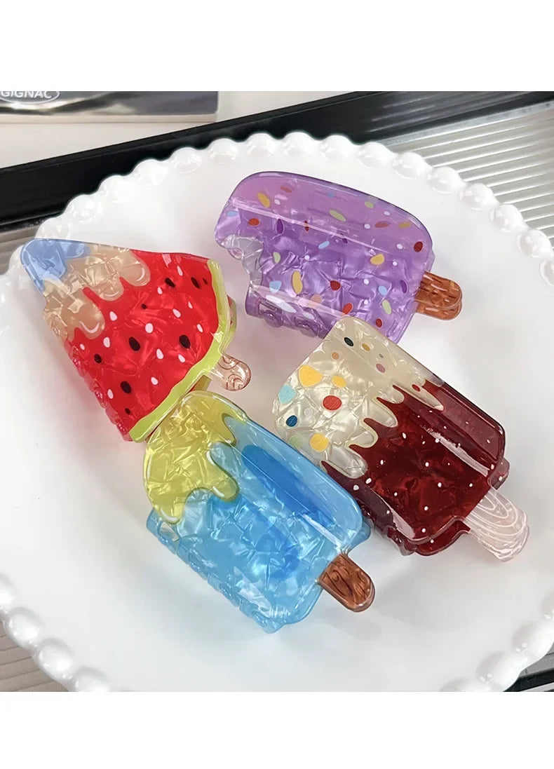 Creative Vacation Watermelon Ice Cream Hair Clip Summer Cartoon Chocolate Ice Cream Shark Clip Half-up Hair Accessory for Women - Ice Cream Cake