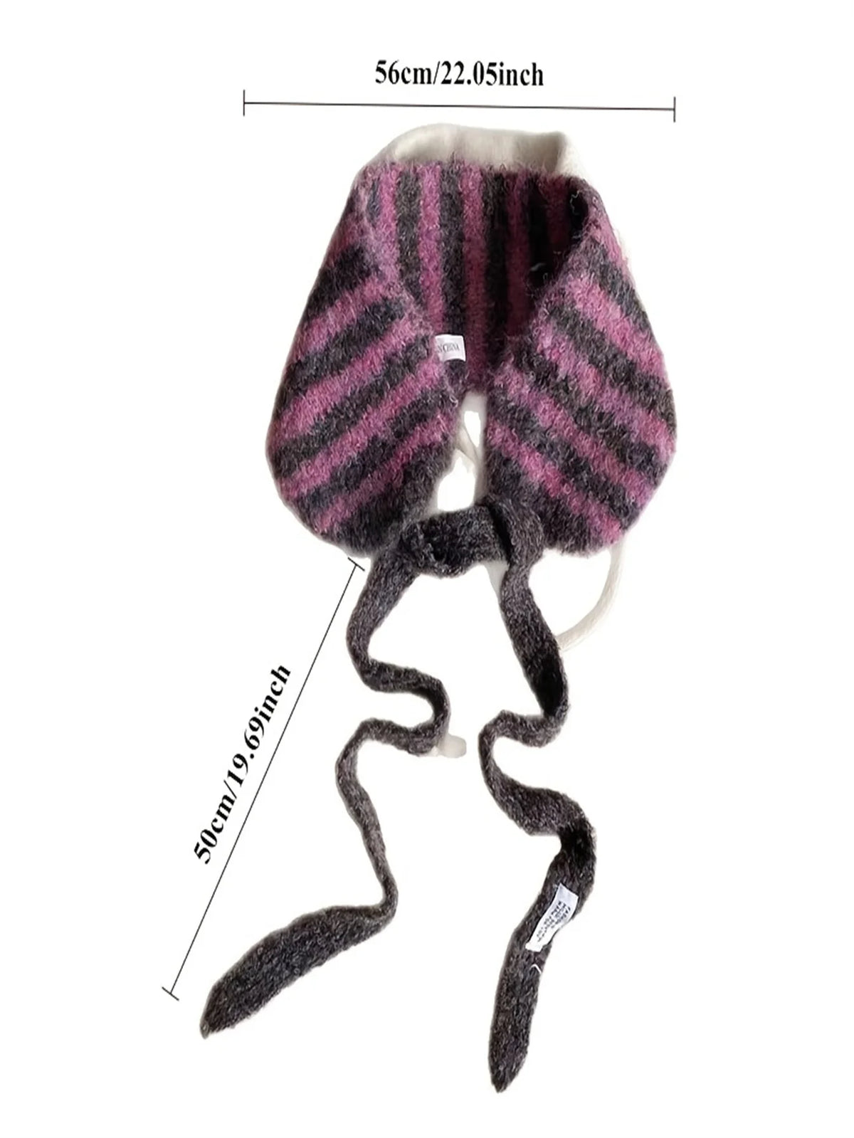 A fuzzy knit baby bonnet with pink and dark gray stripes, featuring long ties and dimension lines showing its measurements of 56cm by 50cm on a white background.