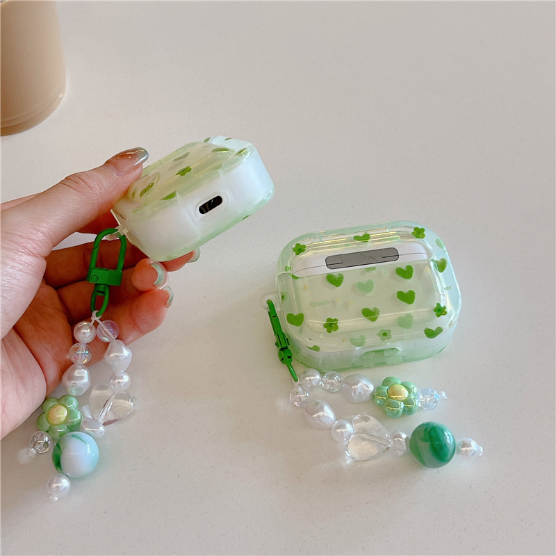 Green Hearts AirPods Case Cover Wth Charm Strap