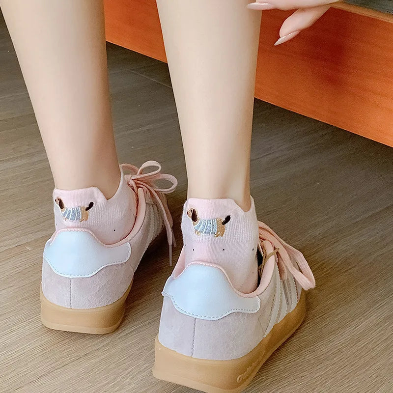 Spring Summer Thin Women Short Socks Polka Dots Cute Cartoon Sausage Dog Embroidery Boat Socks Pure Cotton Short Trendy Socks - Ice Cream Cake