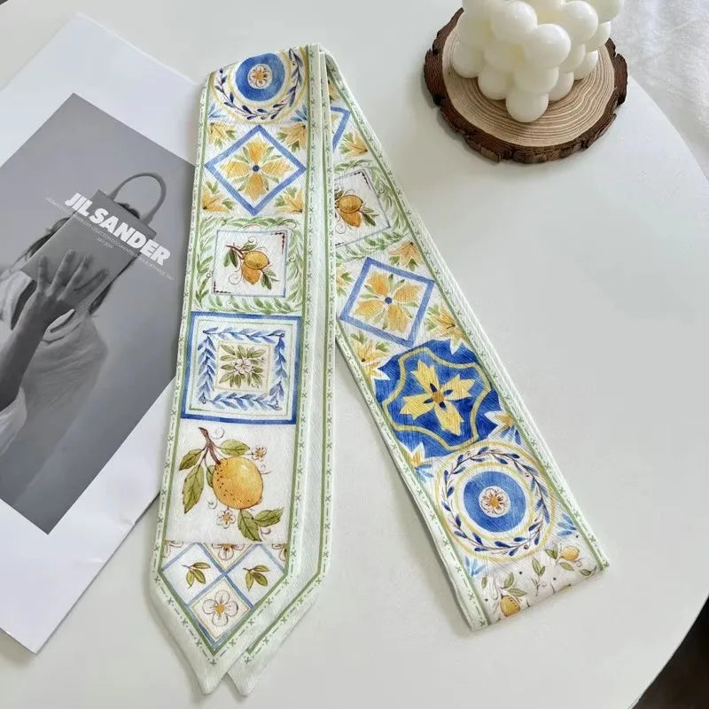 New Long Bag Scarf Women Hair Band Lady Accessories Print Skinny Scarves Headband Satin Ribbon Neck Tie Decorative Bag Scarves - Ice Cream Cake