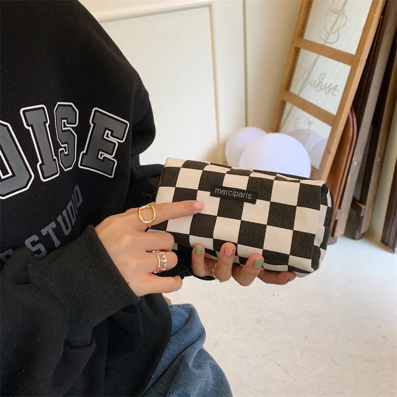 Korean Fashion Plaid Travel Makeup Kits Cosmetic Storage Bag Women Handbags Wallet Organizer Cute School Pencil Cases Pouch Bags - Ice Cream Cake